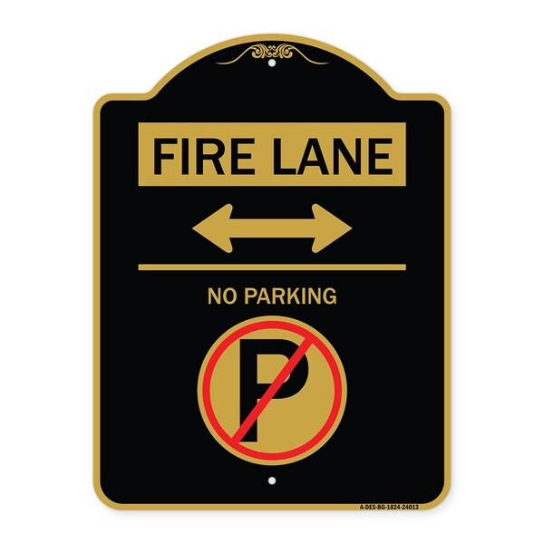 Signmission Fire Lane-No Parking With No Parking Symbol and Bidirectional Arrow, Black & Gold, BG-1824-24013 A-DES-BG-1824-24013 - main